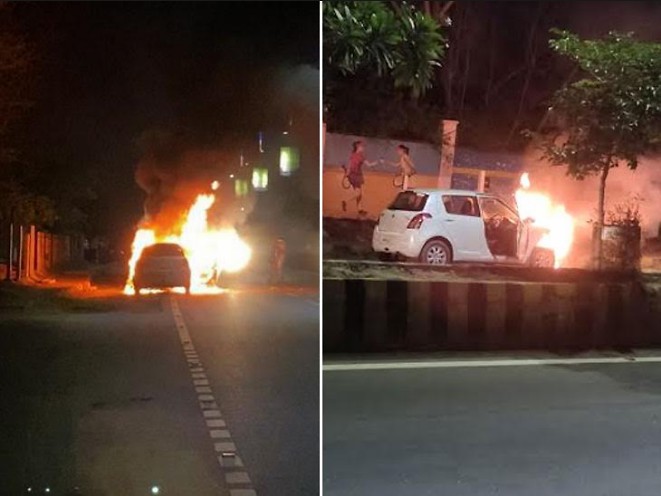  रेसकोर्स रोड पर चलती कार में आग लग
